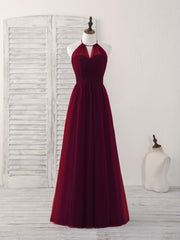Simple Burgundy Tulle Long Prom Dress Outfits For Girls, Burgundy Bridesmaid Dress