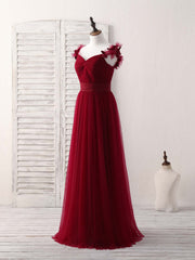 Simple Burgundy Tulle Long Prom Dress Outfits For Women Burgundy Bridesmaid Dress