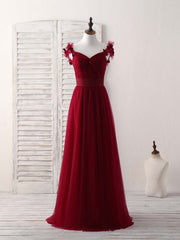 Simple Burgundy Tulle Long Prom Dress Outfits For Women Burgundy Bridesmaid Dress
