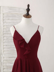 Simple Burgundy V Neck Chiffon Long Prom Dress Outfits For Girls, Bridesmaid Dress
