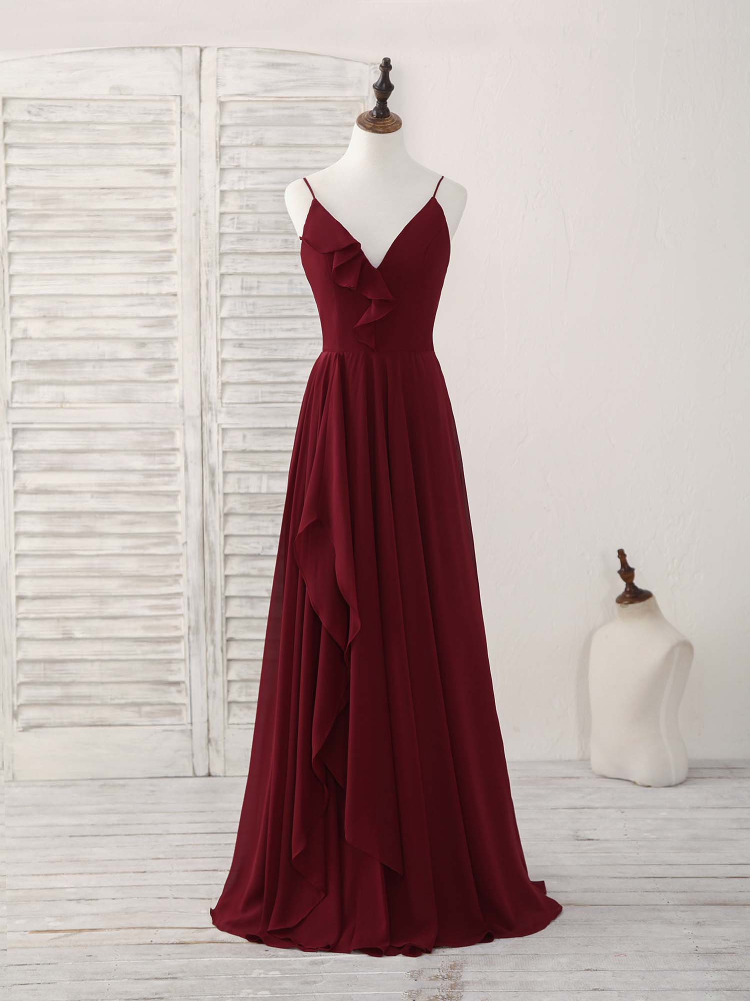 Simple Burgundy V Neck Chiffon Long Prom Dress Outfits For Girls, Bridesmaid Dress