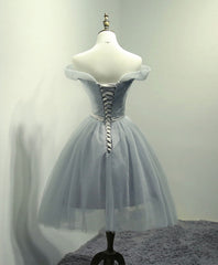 Simple Gray Tulle Short Prom Dress Outfits For Girls, Gray Tulle Bridesmaid Dress
