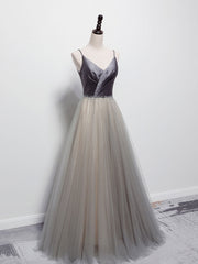 Simple Gray V Neck Tulle Long Prom Dress Outfits For Girls, Gray A line Gray Formal Dresses