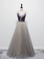 Simple Gray V Neck Tulle Long Prom Dress Outfits For Girls, Gray A line Gray Formal Dresses