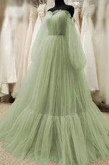 Simple Green Tulle Prom Dress Outfits For Women with Bishop Sleeves,Dresses For Black girls for Party Events