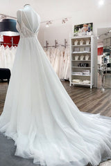 Simple Long V-neck Sequins Ruffles A-line Tulle Backless Wedding Dress