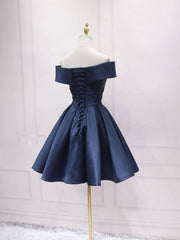Simple Off Shoulder Satin Dark Blue Short Prom Dress Outfits For Girls, Blue Homecoming Dress