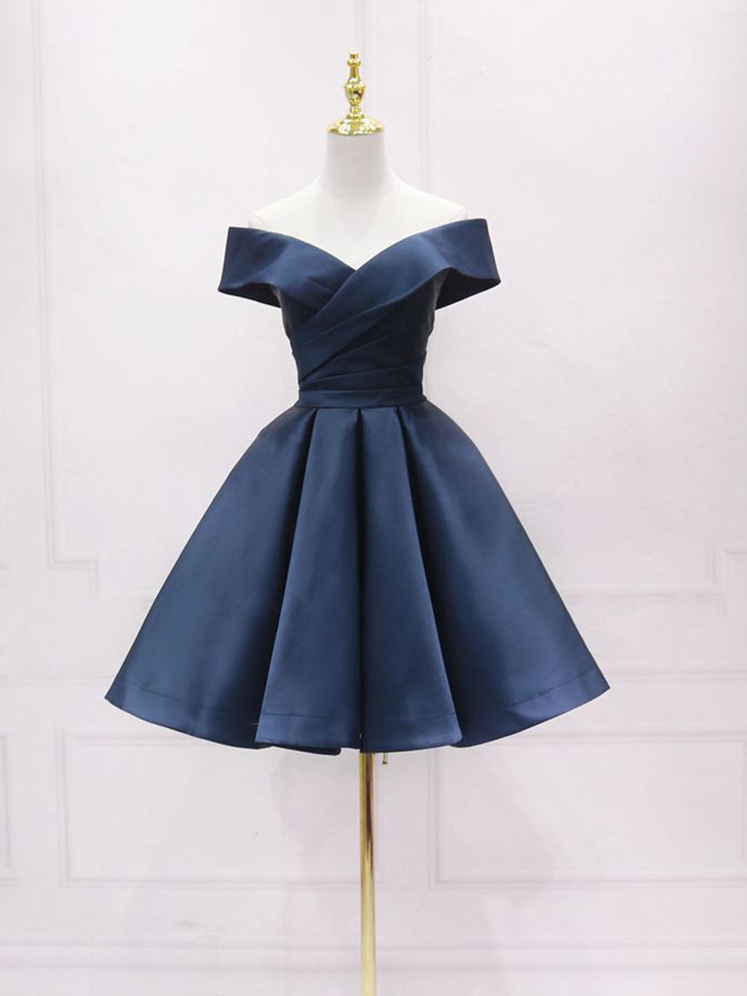 Simple Off Shoulder Satin Dark Blue Short Prom Dress Outfits For Girls, Blue Homecoming Dress