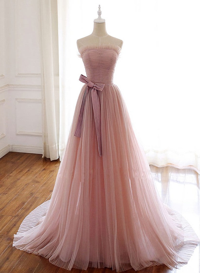 Simple Pink Fashionable Scoop Tulle Long Wedding Party Dress Outfits For Women with Bow, Pink Long Formal Dress