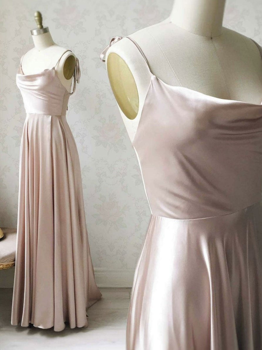 Simple pink satin long prom Dress Outfits For Women , satin evening dress