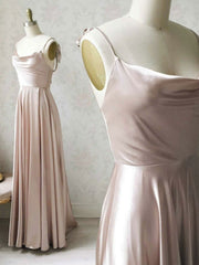 Simple pink satin long prom Dress Outfits For Women , satin evening dress