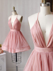 Simple Pink Tulle Short Prom Dress Outfits For Girls, Aline Pink Bridesmaid Dress