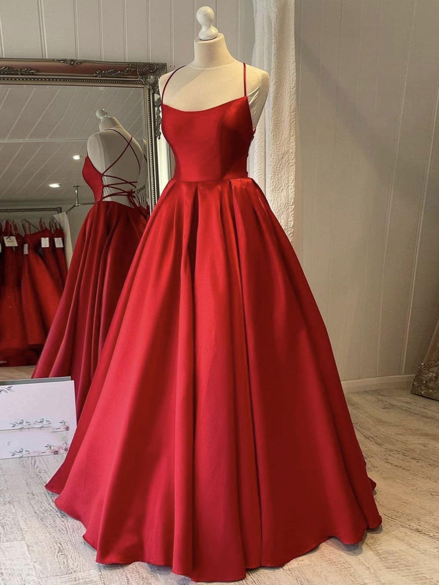 Simple red satin long prom Dress Outfits For Girls, red evening dress