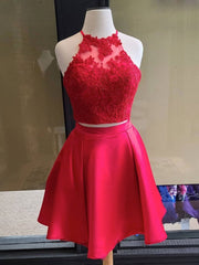 Simple red two pieces short lace prom Dress Outfits For Girls, red homecoming dress