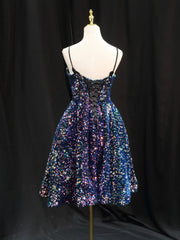 Simple Sequin Blue Short Prom Dress Outfits For Girls, Blue Homecoming Dress