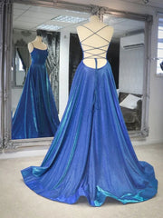Simple Shiny Backless Blue Long Prom Dresses For Black girls For Women, A Line Blue Open Back Long Formal Evening Dresses