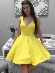 Simple Short V Neck Yellow Red Satin Prom Dresses For Black girls For Women, Short Red Yellow Formal Homecoming Dresses