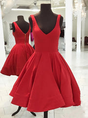 Simple Short V Neck Yellow Red Satin Prom Dresses For Black girls For Women, Short Red Yellow Formal Homecoming Dresses