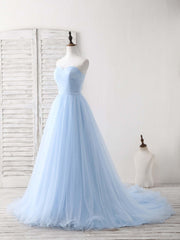 Simple Sweetheart Blue Tulle Long Prom Dress Outfits For Women Blue Evening Dress