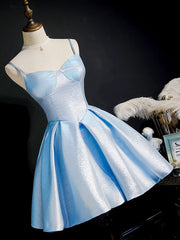 Simple Sweetheart Neck Satin Short Blue Prom Dresses For Black girls For Women, Puffy Blue Homecoming Dresses