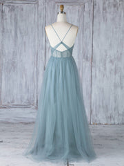 Simple Sweetheart Neck Tulle Lace Long Prom Dresses For Black girls For Women, Gray Blue Bridesmaid Dresses