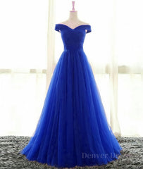 Simple sweetheart tulle blue long prom dress, blue evening dress