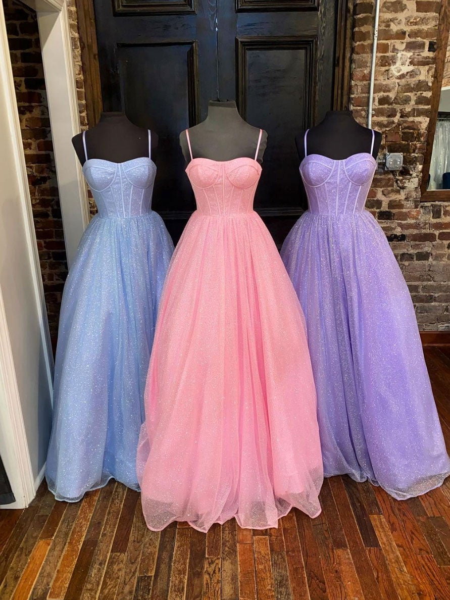 Simple tulle sequin long prom Dress Outfits For Girls, tulle formal dress