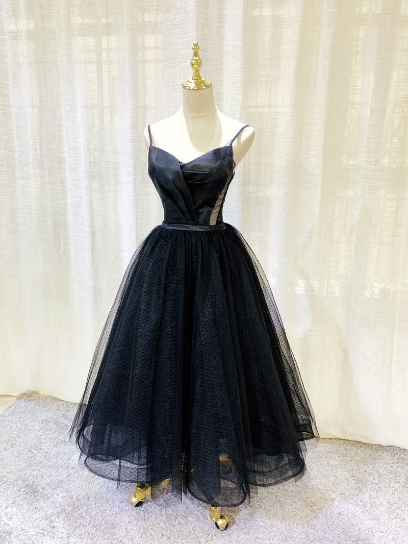 Simple Tulle Tea Length Black Prom Dress Outfits For Girls, Black Homecoming Dress