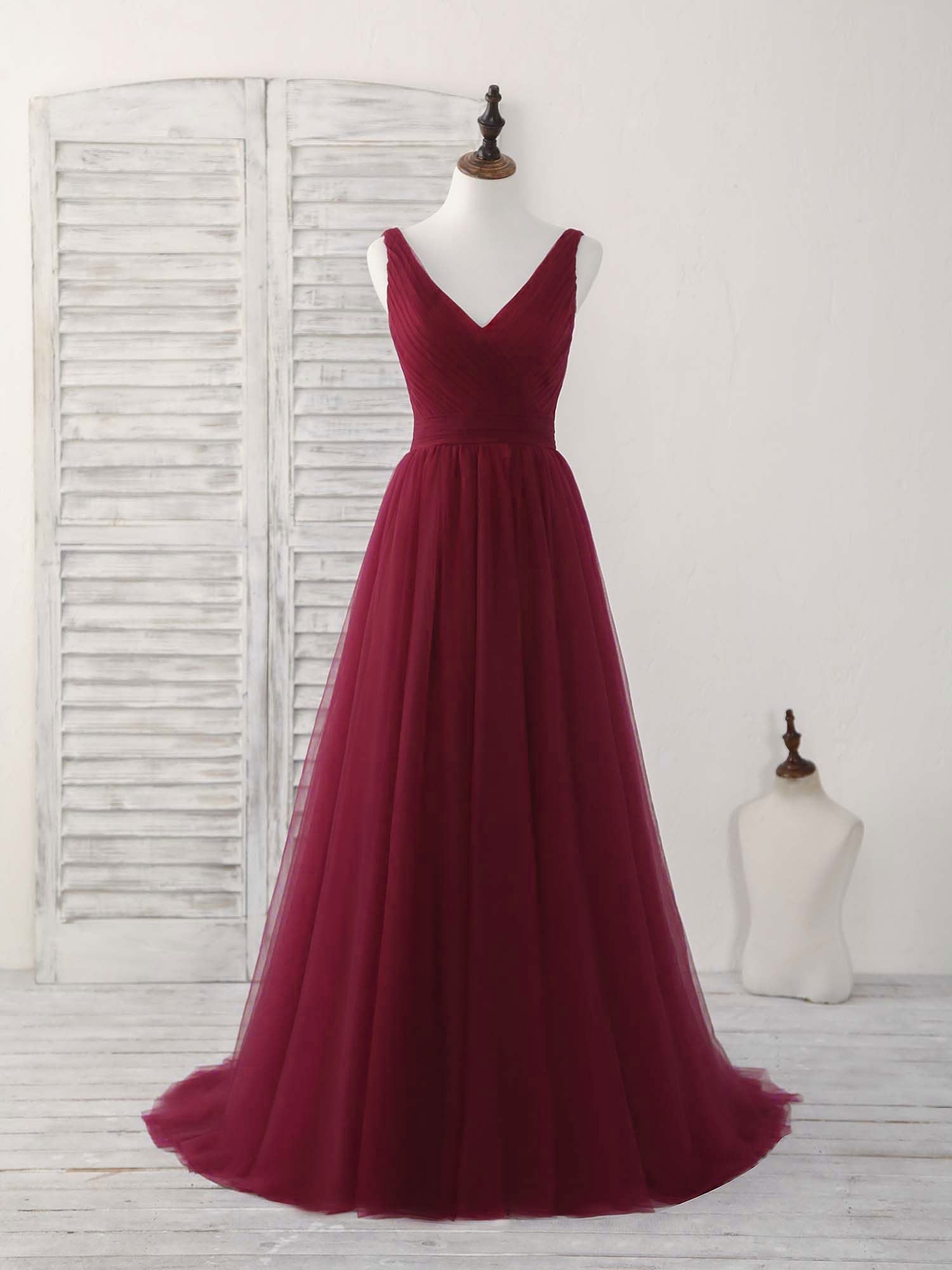 Simple V Neck Burgundy Tulle Long Prom Dress Outfits For Women Burgundy Evening Dress