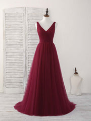 Simple V Neck Burgundy Tulle Long Prom Dress Outfits For Women Burgundy Evening Dress