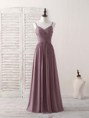 Simple V Neck Chiffon Long Prom Dress Outfits For Women Dark Pink Bridesmaid Dress