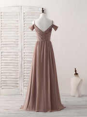 Simple V Neck Dark Champagne Chiffon Long Prom Dress Outfits For Girls, Bridesmaid Dress