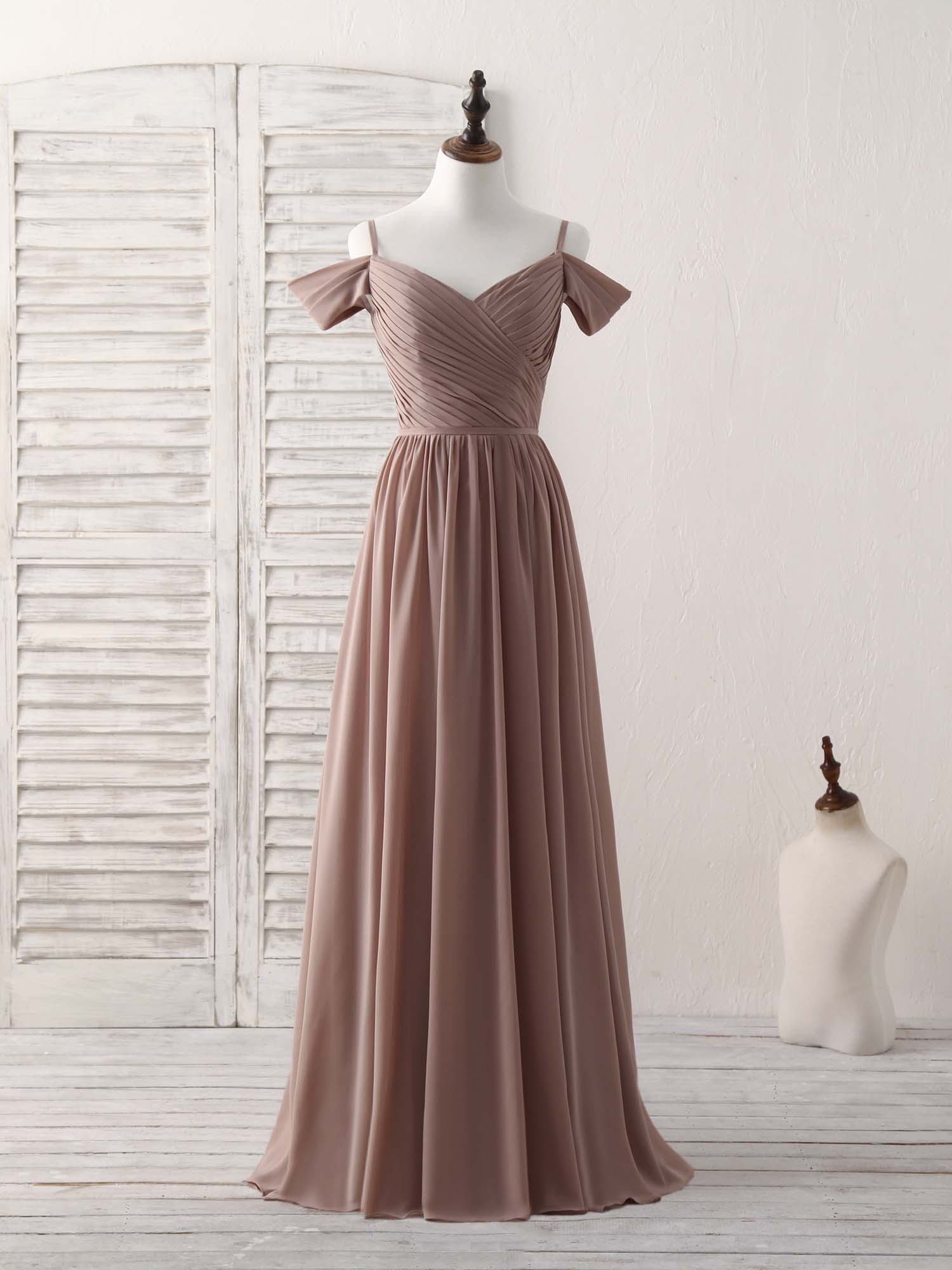 Simple V Neck Dark Champagne Chiffon Long Prom Dress Outfits For Girls, Bridesmaid Dress