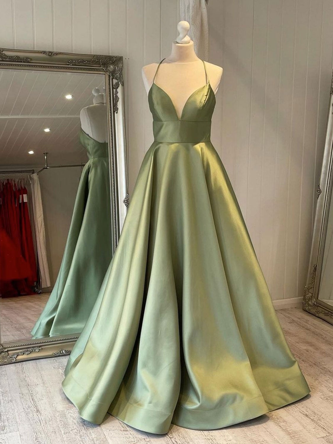Simple v neck green satin long prom Dress Outfits For Girls, green evening dress
