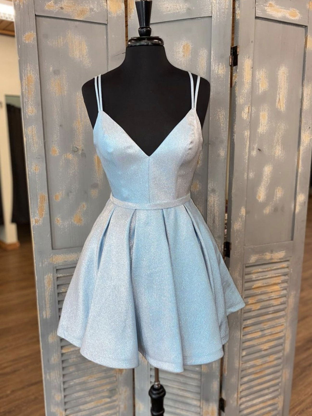 Simple v neck light blue short prom Dress Outfits For Girls, blue homecoming dress