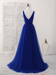 Simple V Neck Royal Blue Tulle Long Prom Dress Outfits For Women Blue Evening Dress
