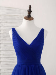 Simple V Neck Royal Blue Tulle Long Prom Dress Outfits For Women Blue Evening Dress