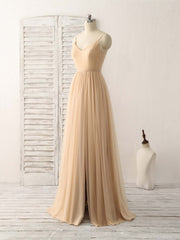 Simple V Neck Tulle Chiffon Long Prom Dress Outfits For Women Champagne Bridesmaid Dress