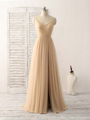 Simple V Neck Tulle Chiffon Long Prom Dress Outfits For Women Champagne Bridesmaid Dress