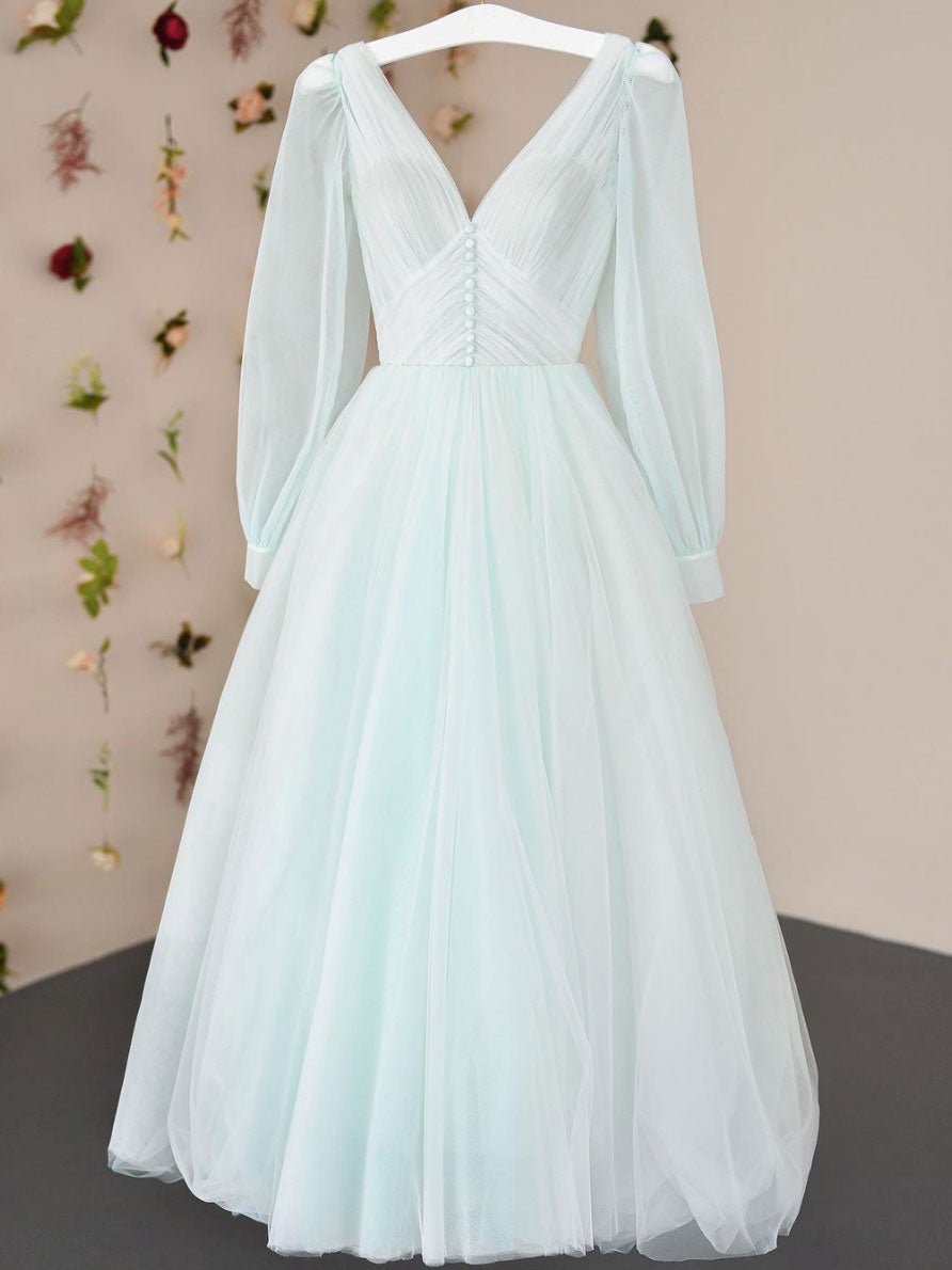 Simple v neck tulle tea length prom Dress Outfits For Girls, tulle formal dress