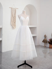 Simple V Neck Tulle Tea Length White Prom Dress Outfits For Girls, White Bridesmaid Dress