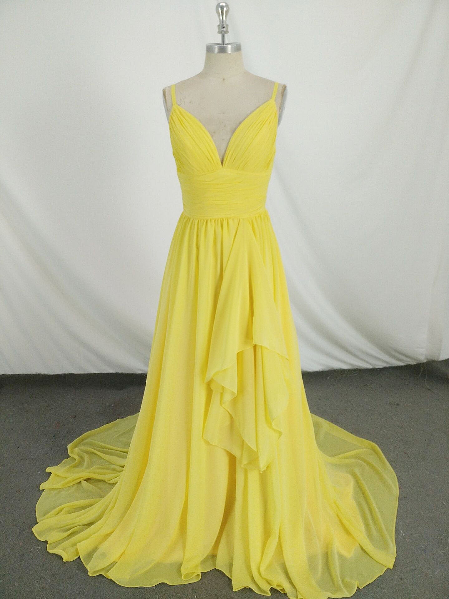 Simple V Neck Yellow Chiffon Long Prom Dress Outfits For Girls, Yellow Evening Dress