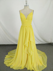 Simple V Neck Yellow Chiffon Long Prom Dress Outfits For Girls, Yellow Evening Dress