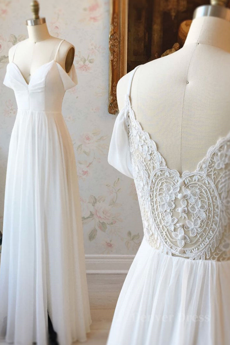 Simple white off shoulder chiffon lace long prom dress evening dress