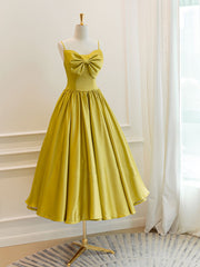 Simple Yellow Satin Tea Length Prom Dress Outfits For Girls, Yellow Homecoming Dress
