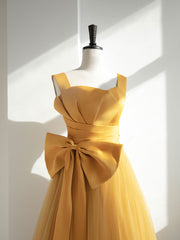 Simple Yellow Tulle Long Prom Dress Outfits For Girls, Yellow Formal Bridesmaid Dresses