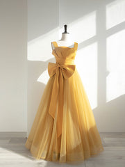 Simple Yellow Tulle Long Prom Dress Outfits For Girls, Yellow Formal Bridesmaid Dresses