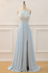 Sky Blue A-line Bateau Tulle 3D Applique Long Prom Dress