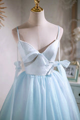Sky Blue Spaghetti Straps Party Dress Outfits For Girls, Cute A-Line Tulle Homecoming Dress