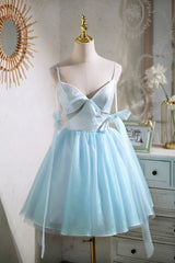 Sky Blue Spaghetti Straps Party Dress Outfits For Girls, Cute A-Line Tulle Homecoming Dress